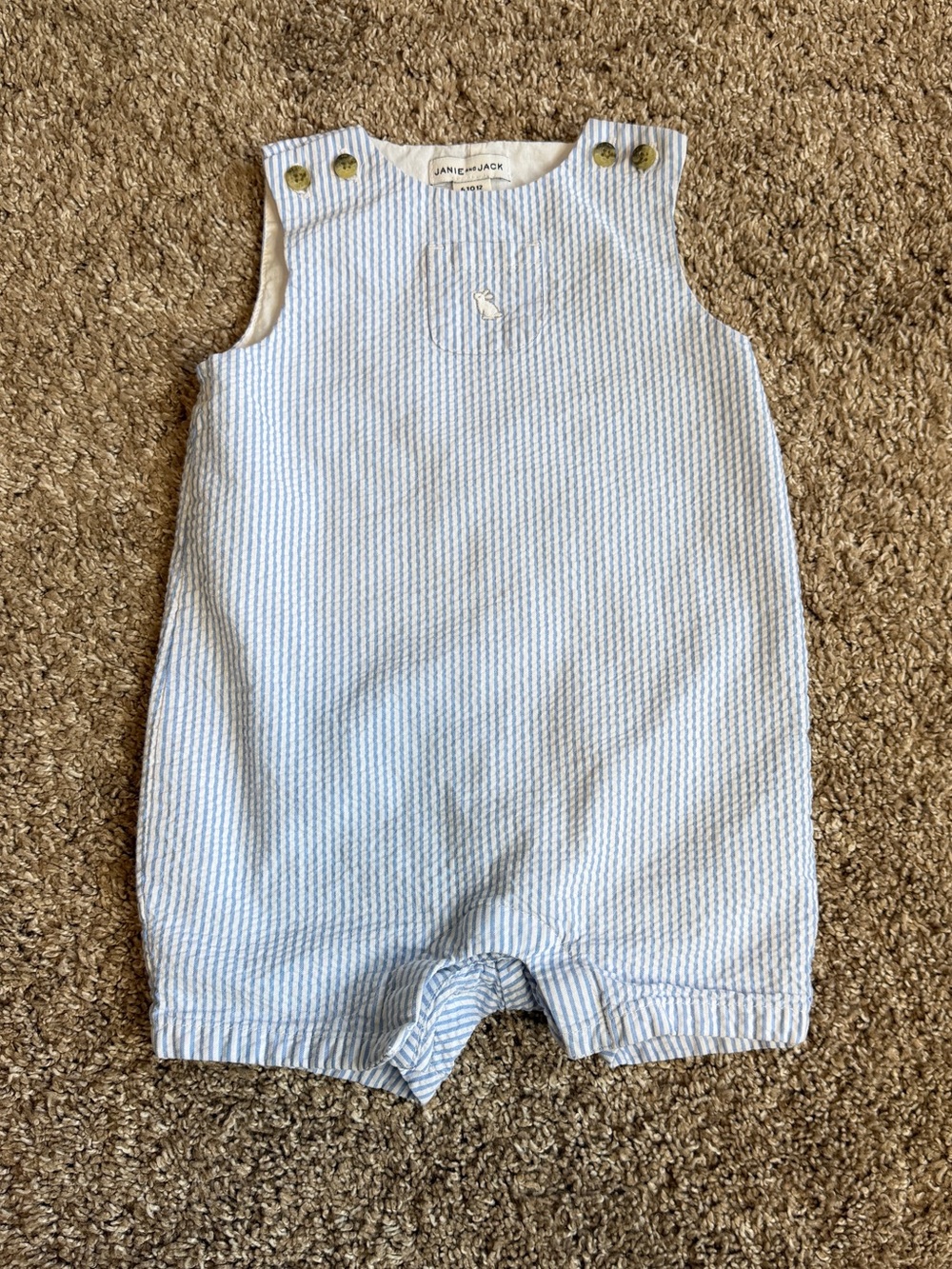 Janie and Jack Light Blue White Stripe Seersucker Sleeveless Romper Baby 6-12 Mo